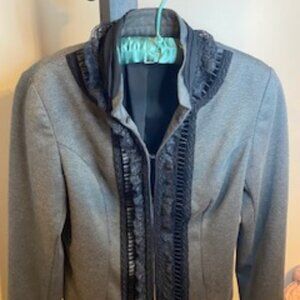 Coldwater Creek Grey Jacket — Black Lace & Ribbon Trim • Feminine Professional •